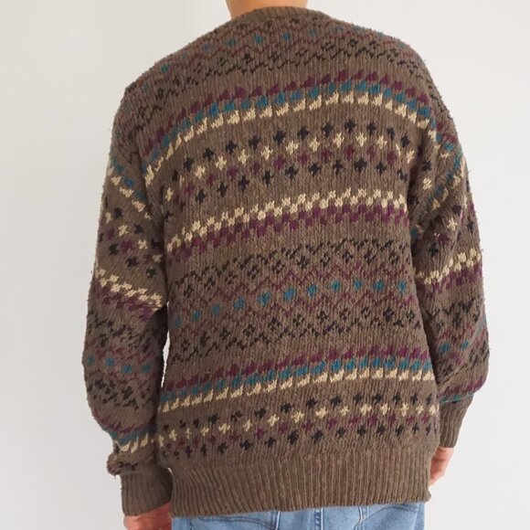 VTG Eddie Bauer Brown Cotton Knit Fair Isle Cabincore Eclectic Grandpa Sweater L - Picture 2 of 10